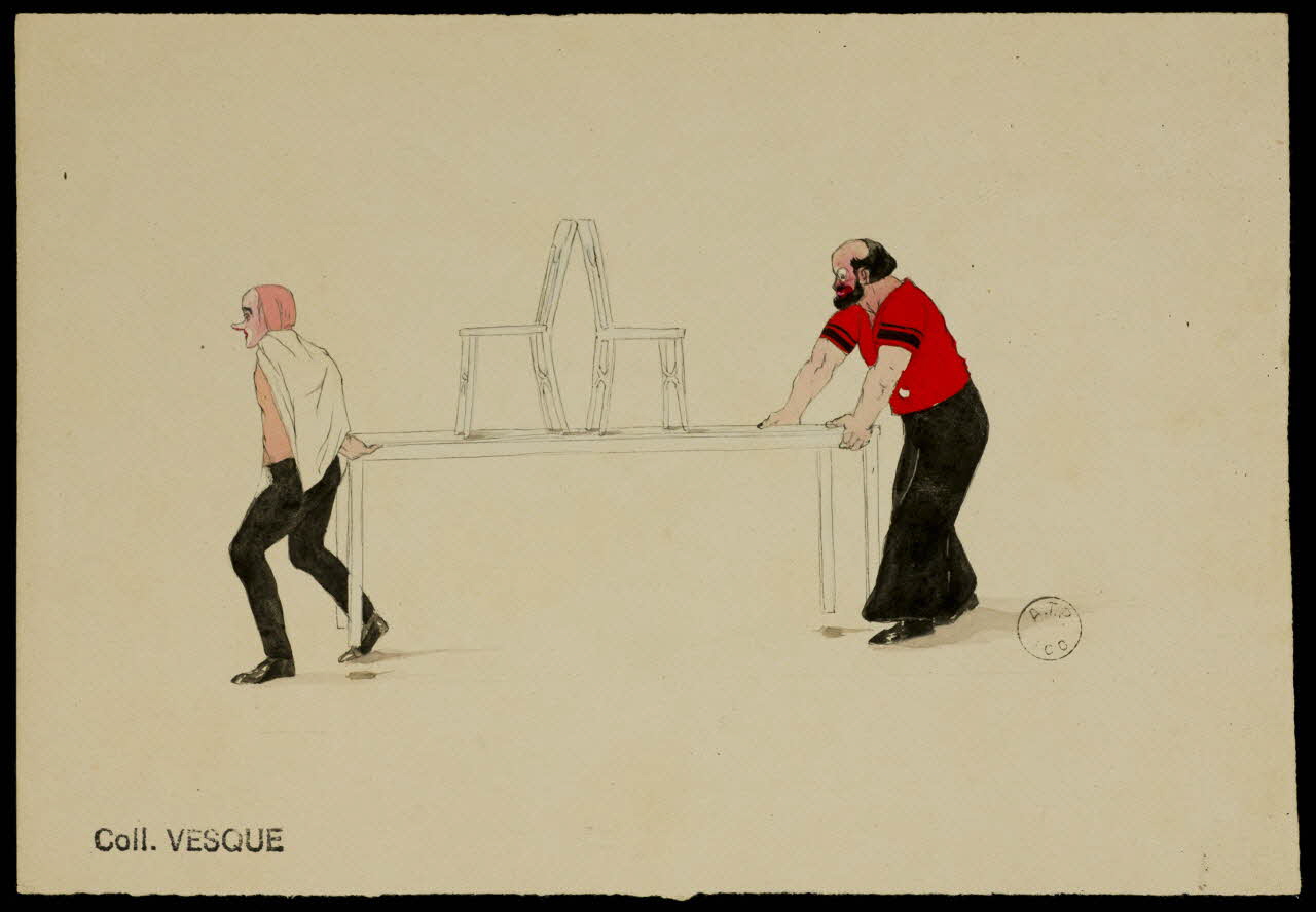 partie d'un ensemble de dessins Artistes de cirque transportant une table surmontée de deux chaises 1968.102.2161.1 Photo Mucem