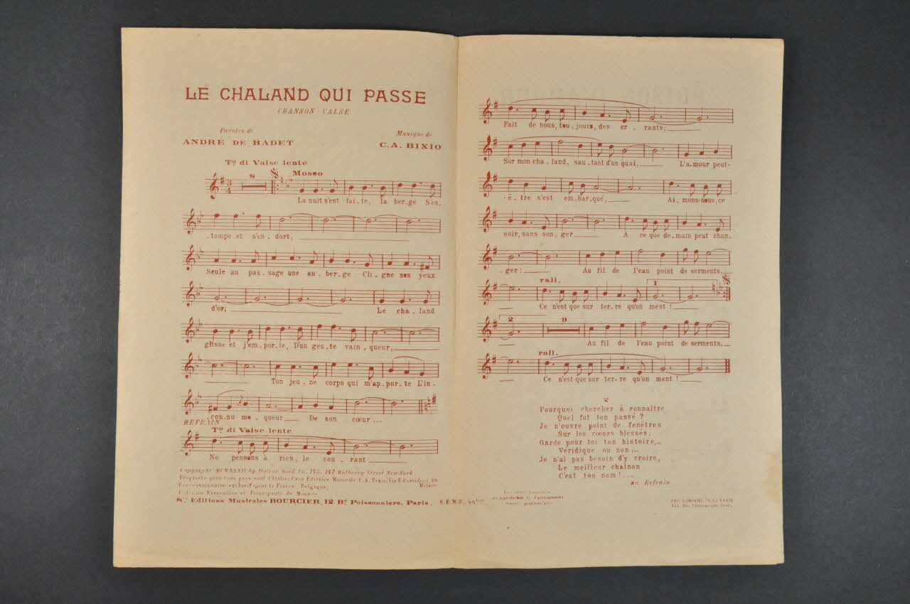 Cesare A. Bixio ; André de Badet ; Jean Tranchant ; Aug. Persiani ; A. Grosmaire ; Lys Gauty ; Editions Musicales Bourcier; chanson petit format Île-de-France, France 1932 1965.152.17 Photo Mucem