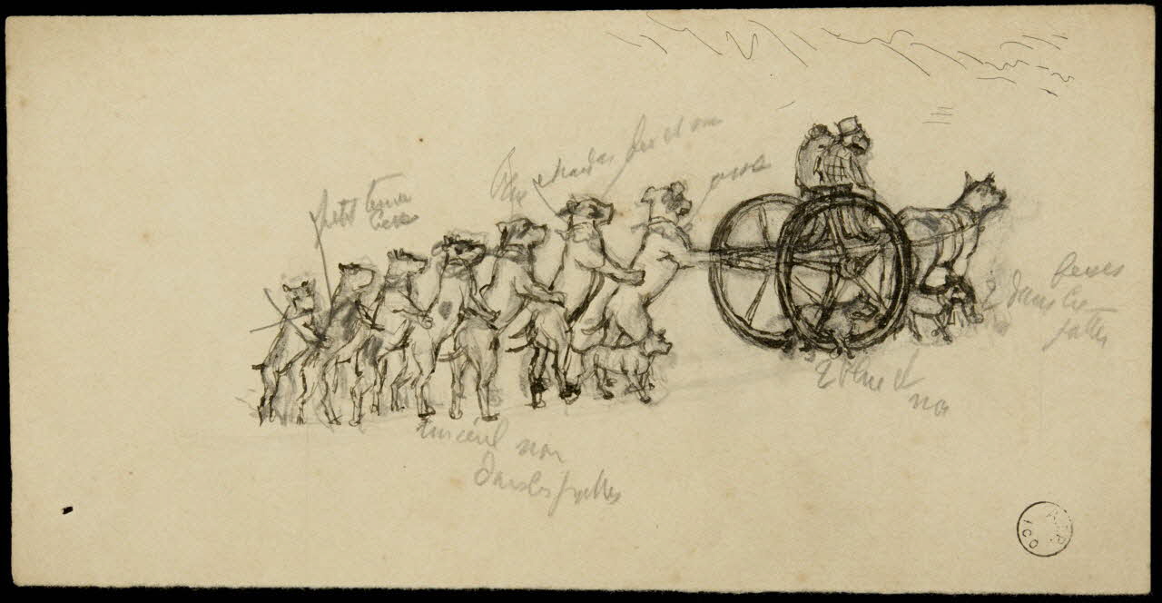 partie d'un ensemble de dessins Chiens en file indienne derrière un attelage 1968.102.2348.12 Photo Mucem