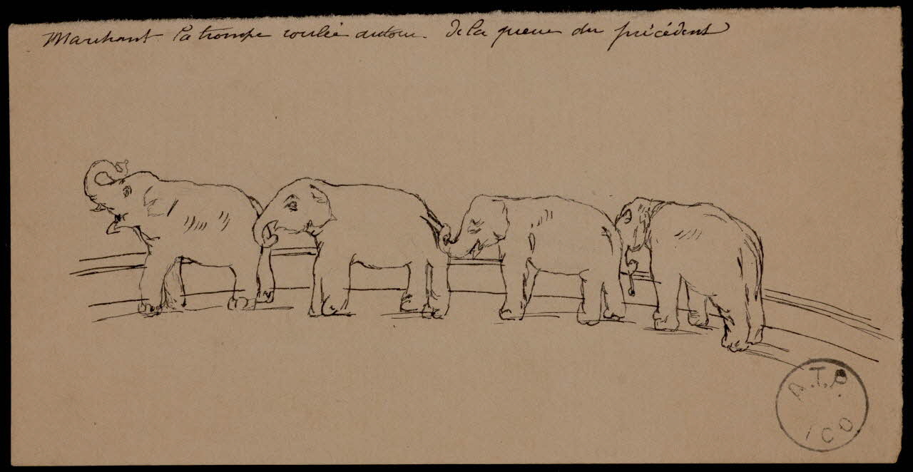 partie d'un ensemble de dessins Marchant la trompe roulée autour de la queue du précédent 1968.102.2465.2 Photo Mucem