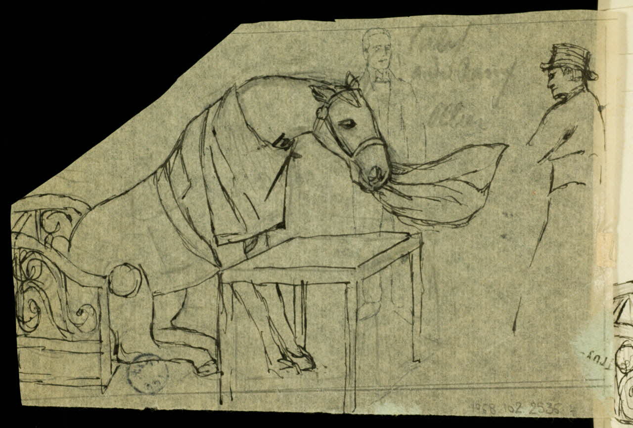 partie d'un ensemble de dessins Cheval mettant une nappe sur une table 1968.102.2536.4 Photo Mucem