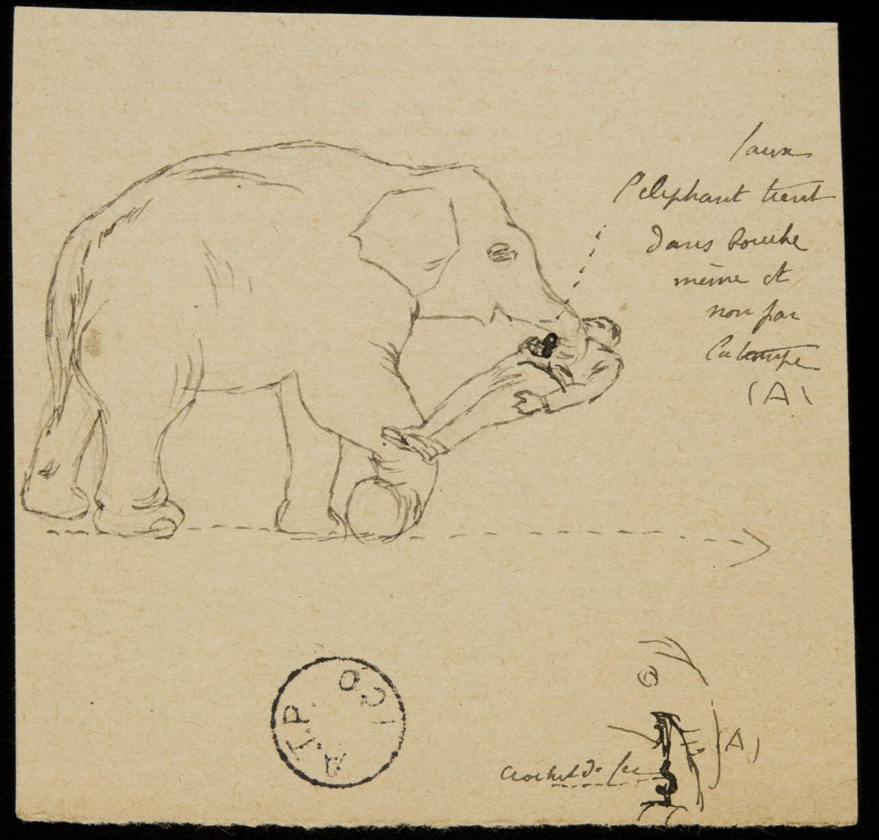 partie d'un ensemble de dessins Emportant l'homme dans la coulisse le dresseur  qu'il tient par la ceinture  de cuir  de Mariska Recksey 1968.102.2568.8 Photo Mucem