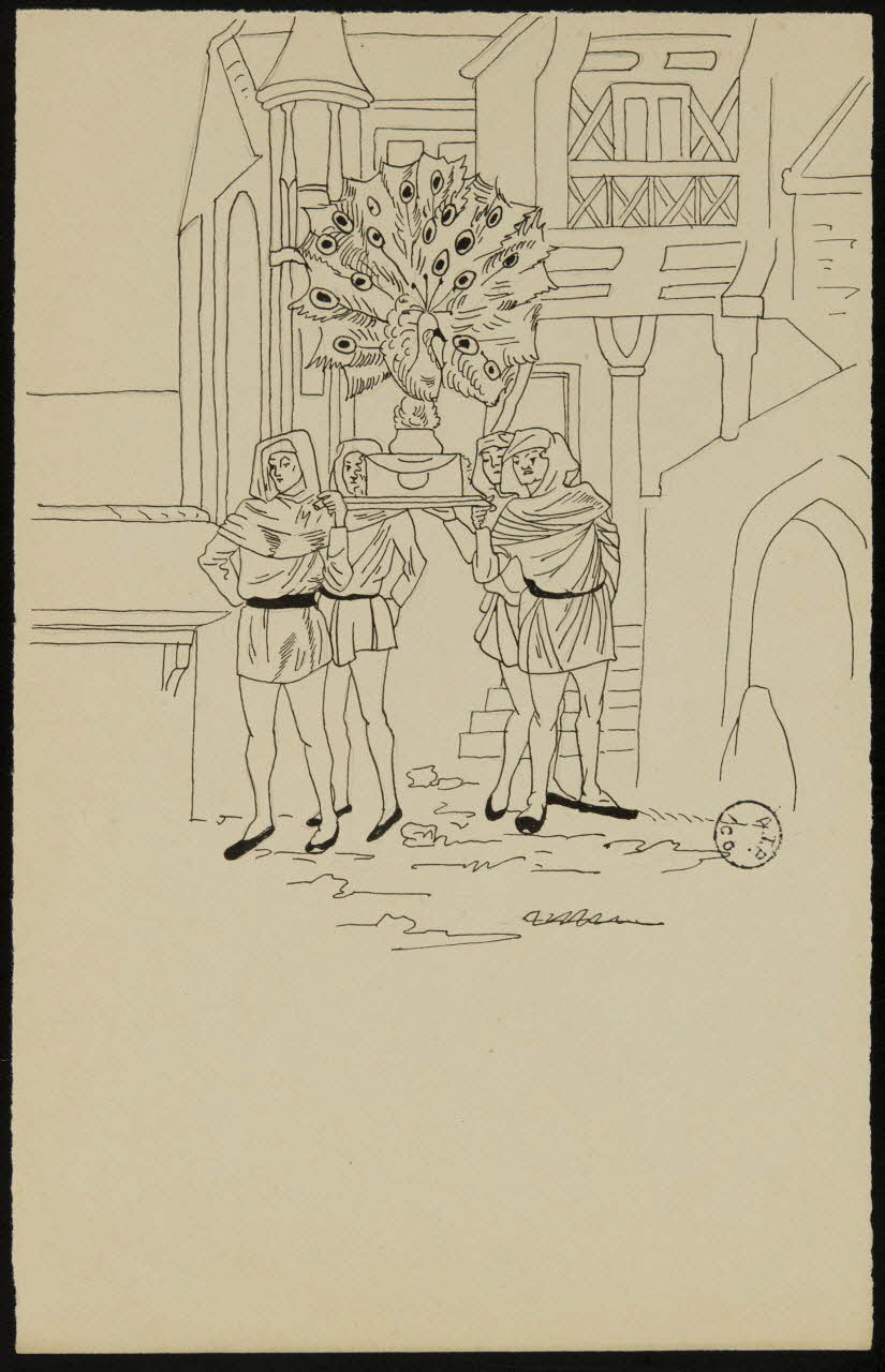 partie d'un ensemble de dessins Homme portant un paon sur un plateau 1968.102.2742.40 Photo Mucem