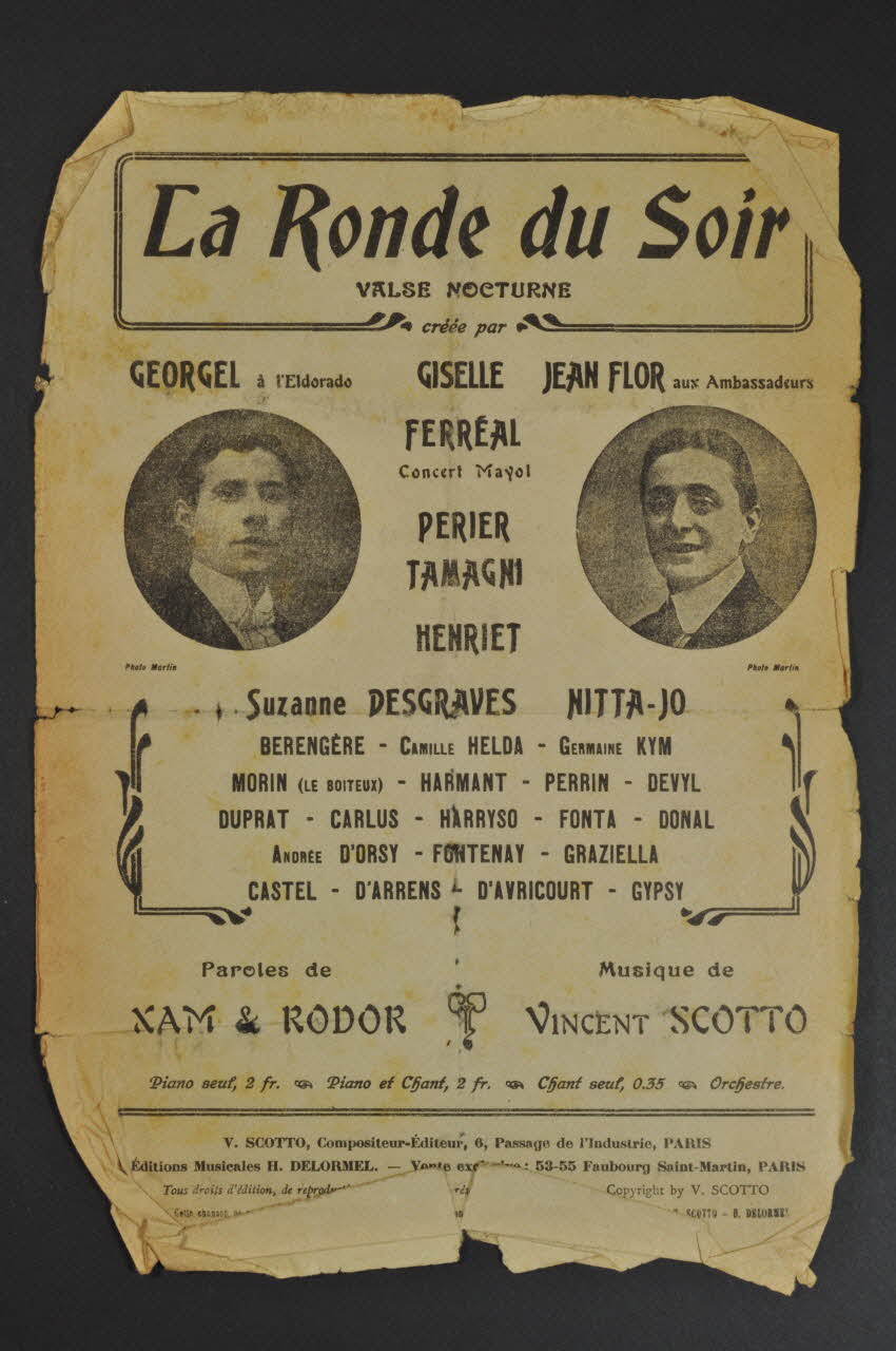 Jean Rodor ; Xam ; Vincent Scotto ; Georgel ; Jean Flor ; Ferréal ; Périer ; Tamagni ; Marie-Odile Henriet ; H. Delormel chanson petit format Île-de-France, France 1911 1965.152.83 Photo Mucem