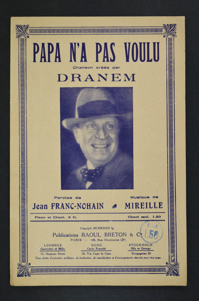 Mireille ; Jean Franc-Nohain ; Dranem ; Raoul Breton chanson petit format 1932 1965.152.88 Photo Mucem