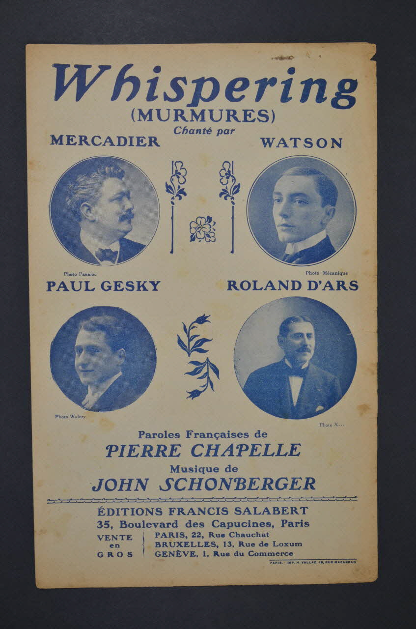 Pierre Chapelle ; John Schonberger ; Emile Mercadier ; Watson ; Paul Gesky ; Roland D' Ars ; Francis F. Salabert chanson petit format Île-de-France, France 1920 1966.158.117 Photo Mucem