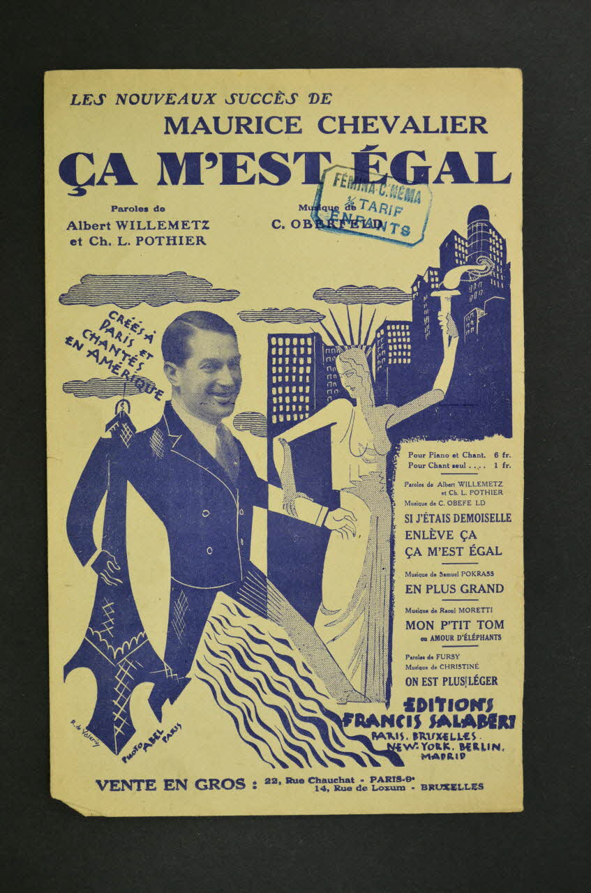 Charles-Louis Pothier ; Albert Willemetz ; C. Oberfeld ; Maurice Chevalier ; Francis F. Salabert chanson petit format Paris 9ème 1928 1965.152.91 Photo Mucem