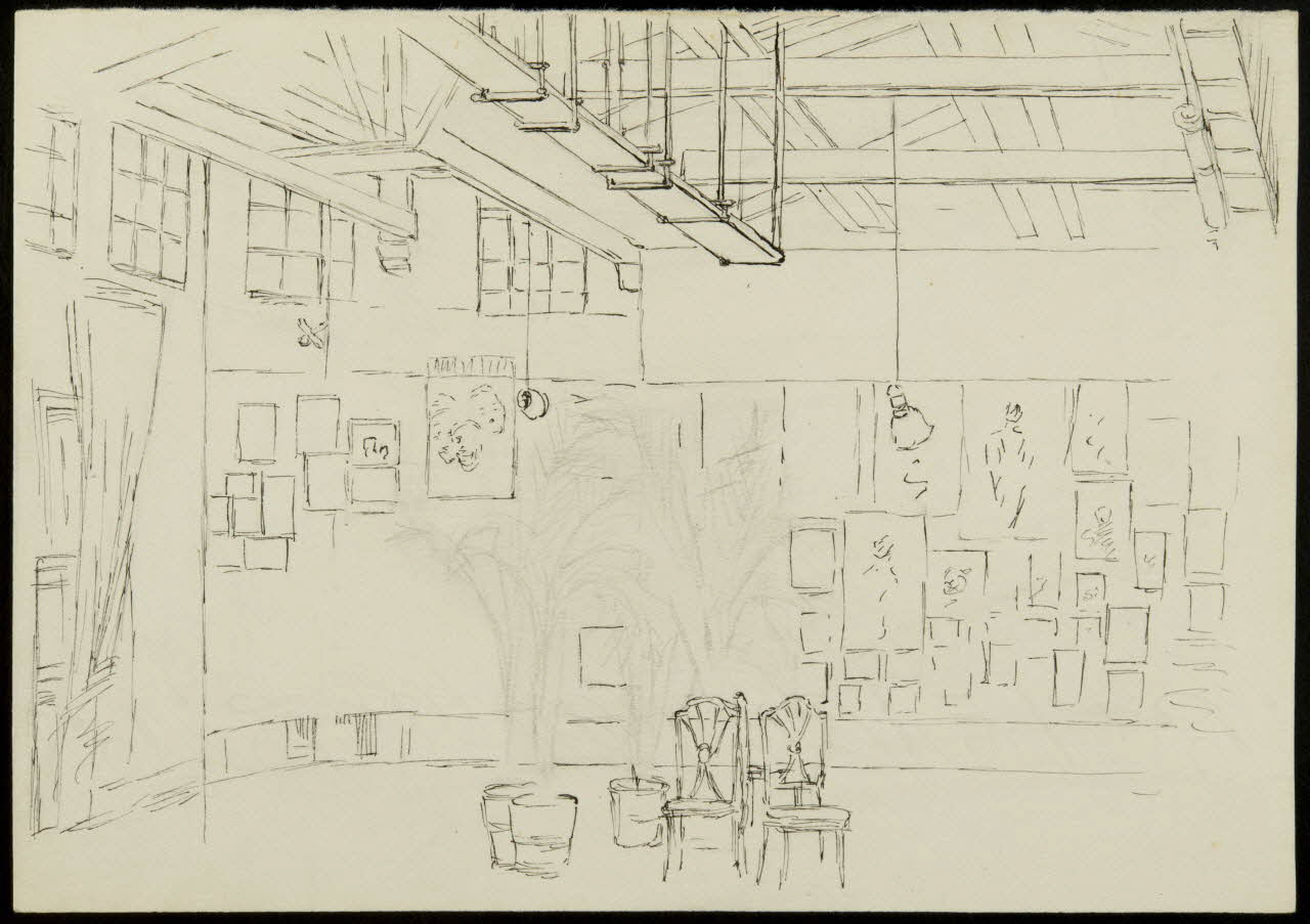 partie d'un ensemble de dessins Cirque d'Hiver . salle du gymnase transformé en  exposition de peinture 1968.102.2940 Photo Mucem