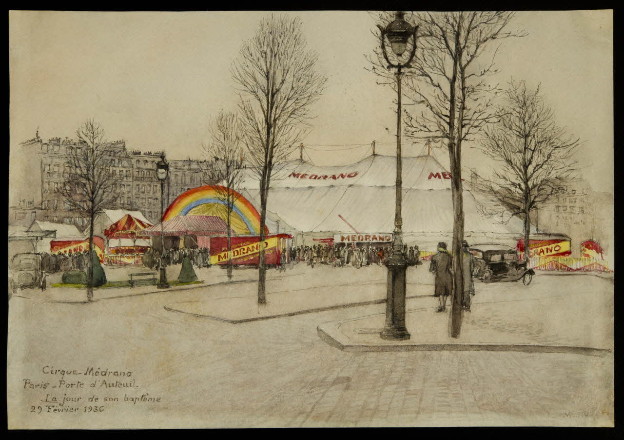 partie d'un ensemble de dessins Cirque Médrano  Paris - Porte d'Auteuil  Le Jour de son baptême  29 Février 1936 1968.102.2966 Photo Mucem