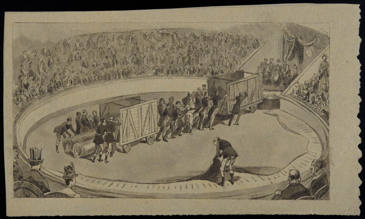 partie d'un ensemble de dessins Les arènes nautiques ou le nouveau Cirque de Paris, manoeuvre du tapis recouvrant la piste 1968.102.2974.2 Photo Mucem