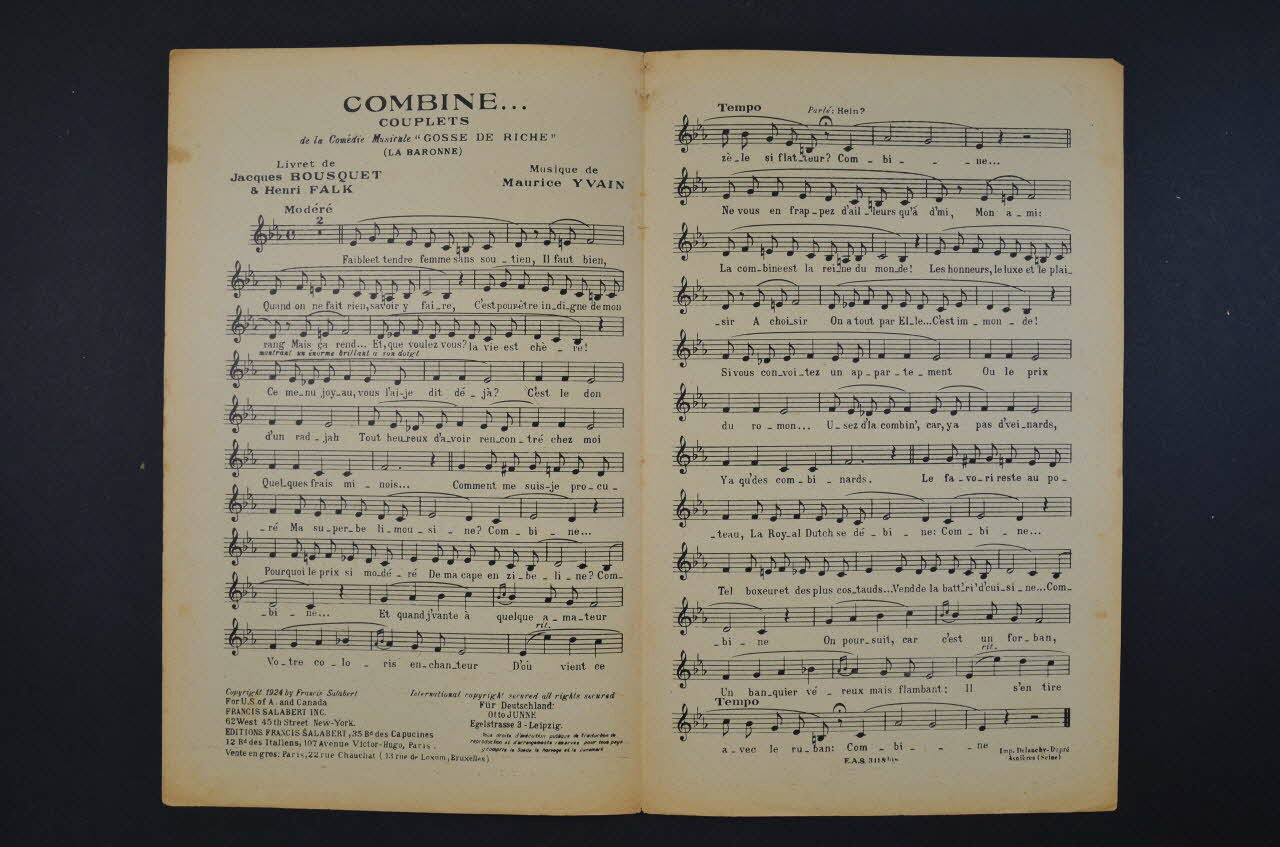 Henri Falk ; Jacques Bousquet ; Maurice Yvain ; Jeanne Cheirel ; Francis F. Salabert chanson petit format Île-de-France, France 1924 1966.158.123 Photo Mucem