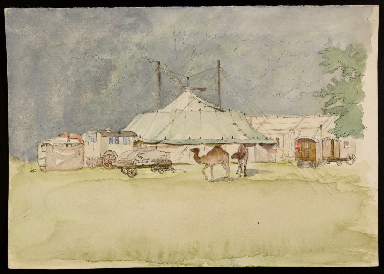partie d'un ensemble de dessins Roulottes devant le chapiteau de cirque 1968.102.2998.3 Photo Mucem