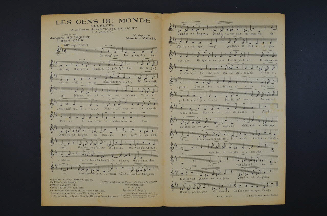 Henri Falk ; Jacques Bousquet ; Maurice Yvain ; Jeanne Cheirel ; Francis F. Salabert chanson petit format Île-de-France, France 1924 1966.158.124 Photo Mucem