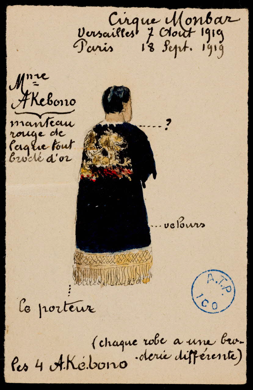 partie d'un ensemble de dessins Cirque Monbar  Versailles 7 Aout 1919  Paris 18 Sept. 1919  les 4 A-Ké-bono 1968.102.301.3 Photo Mucem