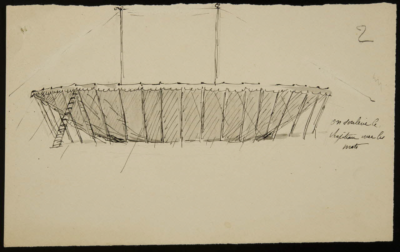 partie d'un ensemble de dessins On soulève le  chapiteau avec les  mats 1968.102.3016.1 Photo Mucem