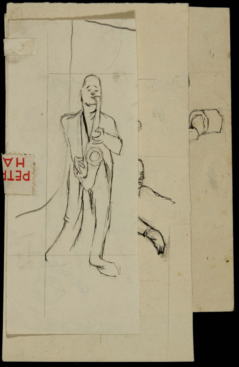 partie d'un ensemble de dessins Clown jouant du saxophone 1968.102.313.1 Photo Mucem