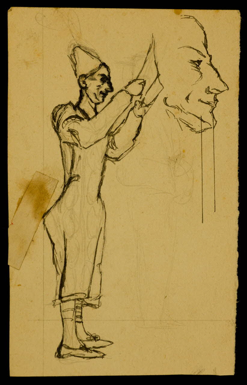 partie d'un ensemble de dessins Clown tenant un masque géant 1968.102.3540 Photo Mucem