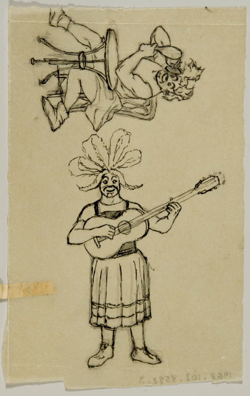 partie d'un ensemble de dessins Clown se maquillant et jouant de la guitare 1968.102.3592.3 Photo Mucem