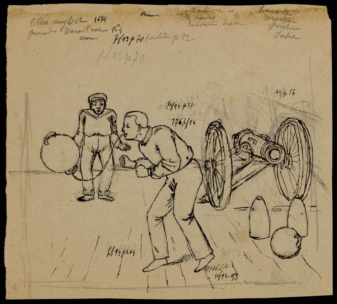 partie d'un ensemble de dessins Hommes, obus et canon 1968.102.3755 Photo Mucem