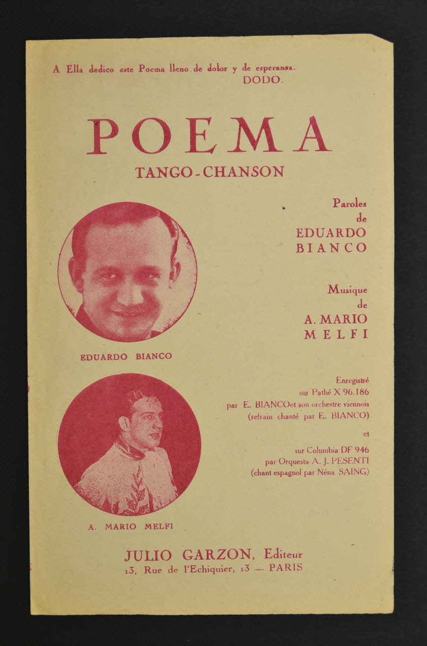 Eduardo Bianco ; Mario Melfi ; Garzon, J., Editions; chanson petit format Île-de-France, France 1942 1965.159.29 Photo Mucem
