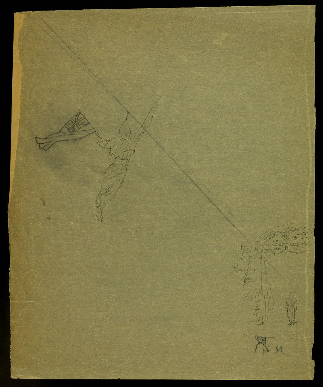 partie d'un ensemble de dessins Arrivée sur scène d'un acrobate en tyrolienne 1968.102.3847 Photo Mucem