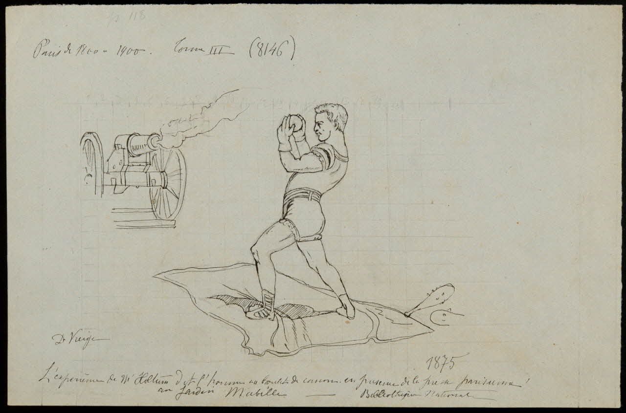 partie d'un ensemble de dessins L'expérience de Mr Holtum dit l'homme au boulet de canon en présence de la presse parisienne  au jardin Mabille 1968.102.3887 Photo Mucem