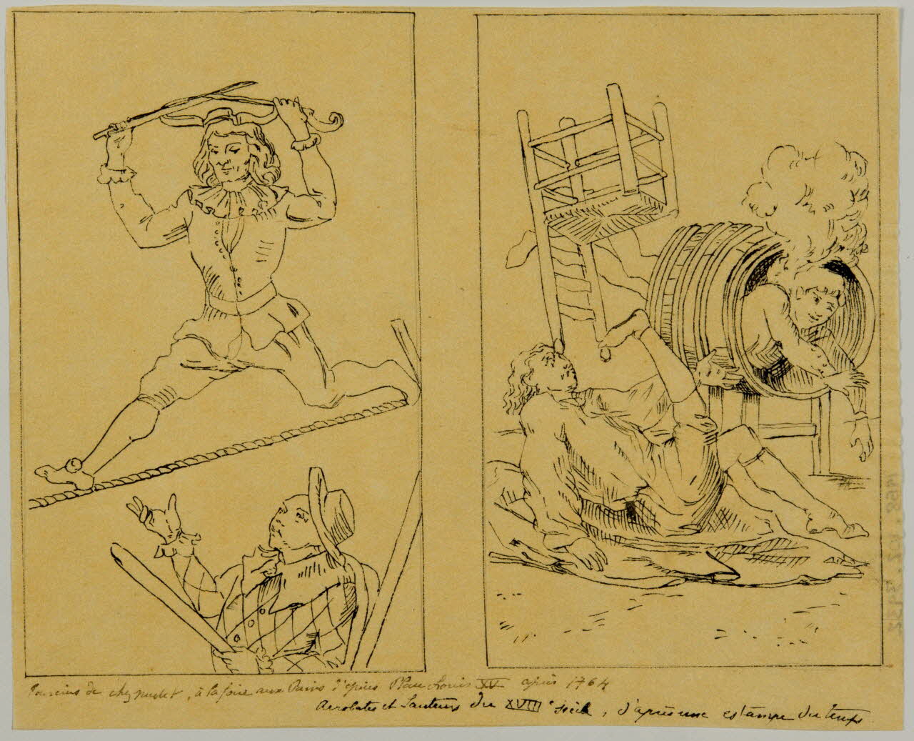 partie d'un ensemble de dessins Exercices chez Nuolet à la foire aux Pains d'épices place Louis XV après 1764  Acrobates et sauteurs du XVIIIe siècle, d'après une estampe du temps 1968.102.3932 Photo Mucem