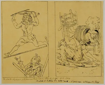 partie d'un ensemble de dessins Exercices chez Nuolet à la foire aux Pains d'épices place Louis XV après 1764  Acrobates et sauteurs du XVIIIe siècle, d'après une estampe du temps 1968.102.3932 Photo Mucem
