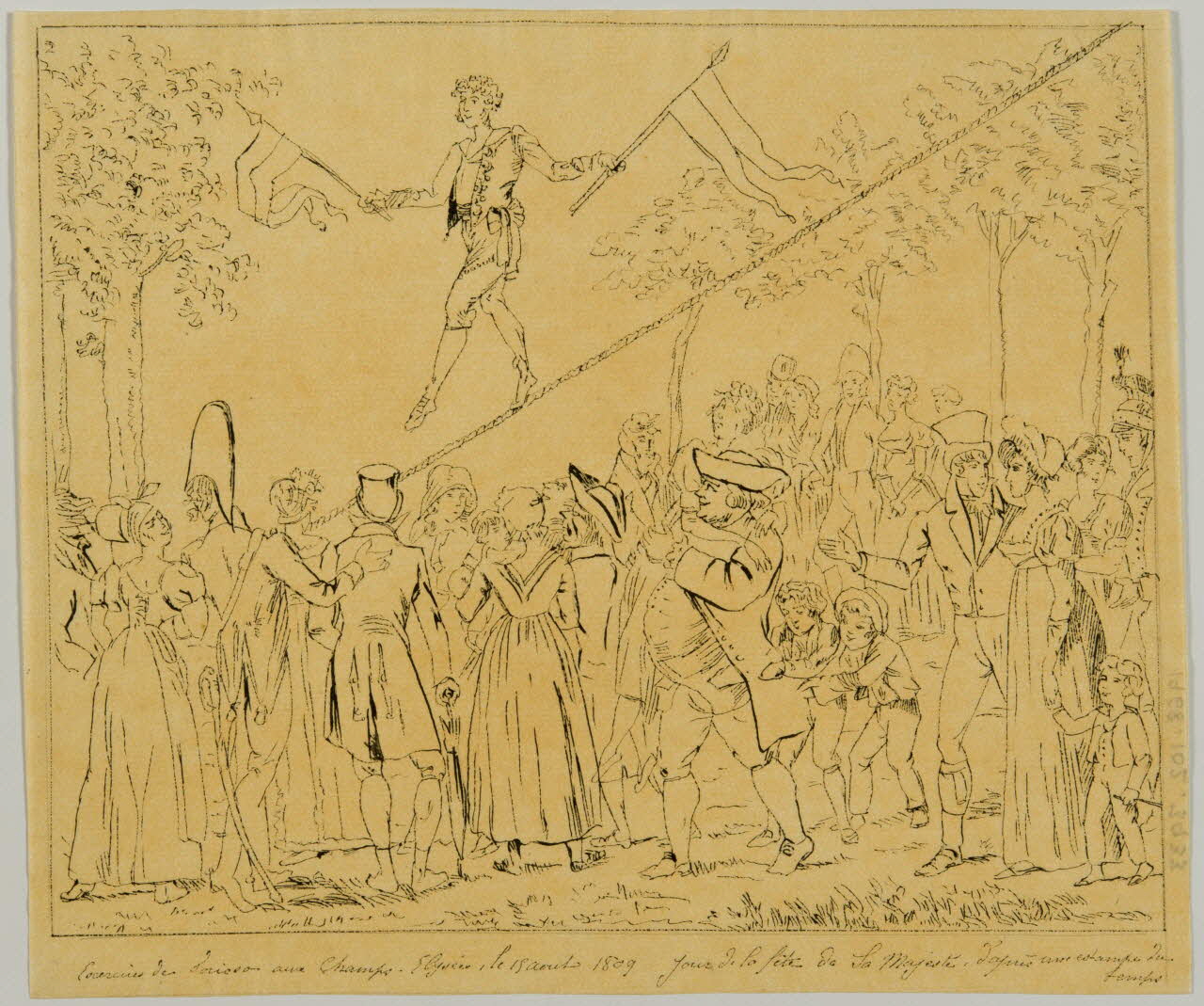 partie d'un ensemble de dessins Exercices de [illisible] aux champs-Elysée, le 15 Aout 1809 jour de la fête de Sa Majesté, d'après une estampe du  temps 1968.102.3933 Photo Mucem