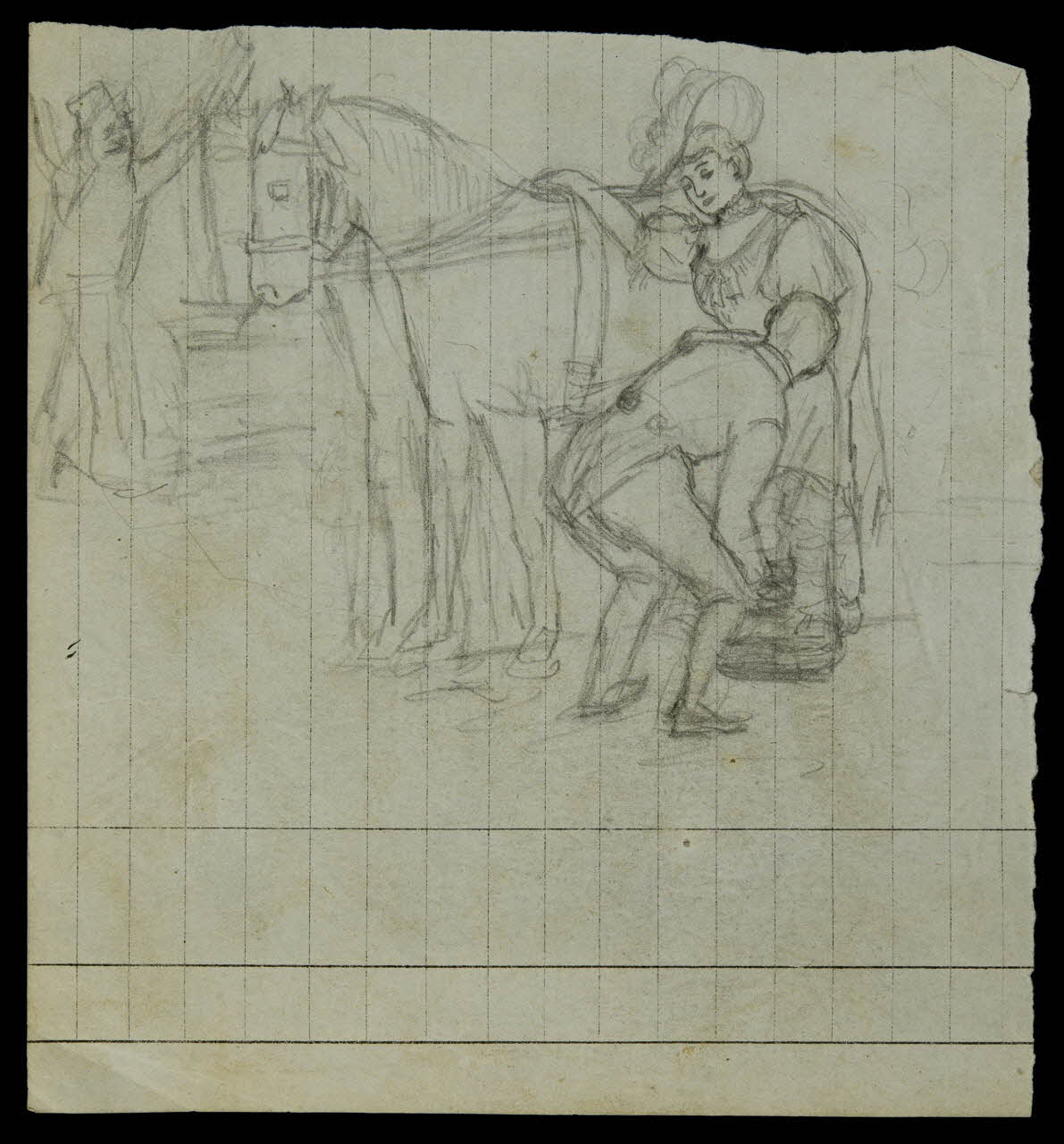 partie d'un ensemble de dessins Homme aidant une femme à monter sur son cheval 1968.102.4016 Photo Mucem