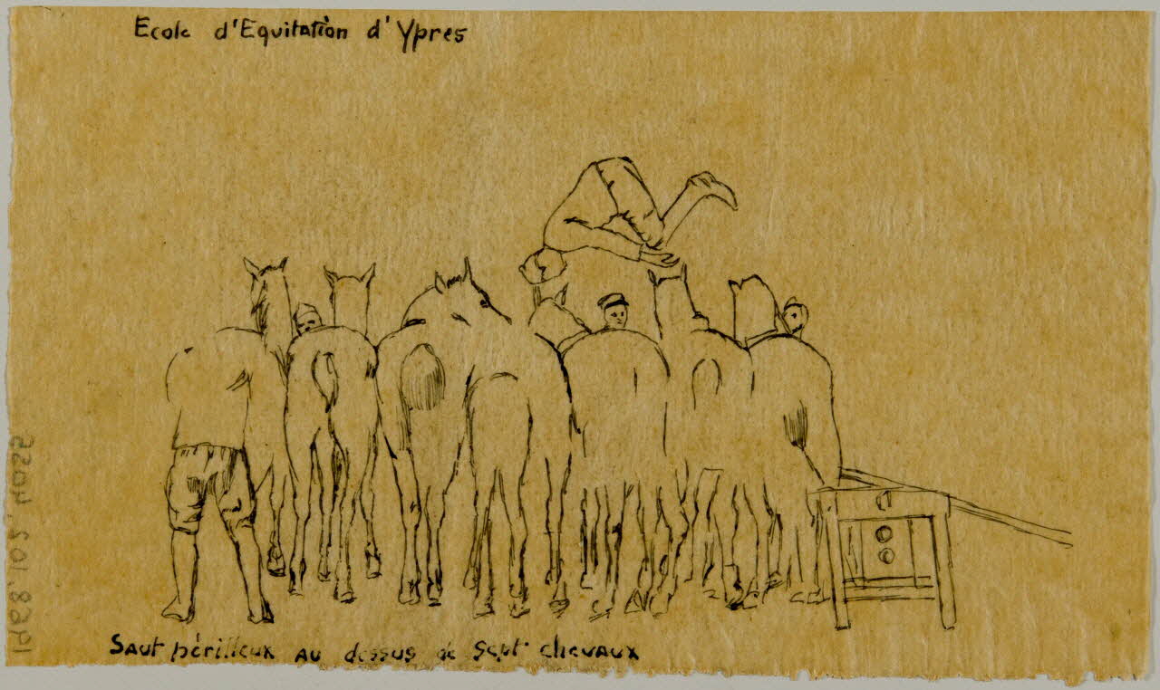 partie d'un ensemble de dessins Ecole d'équitation d'Ypres  Saut périlleux au dessus de sept chevaux 1968.102.4055 Photo Mucem
