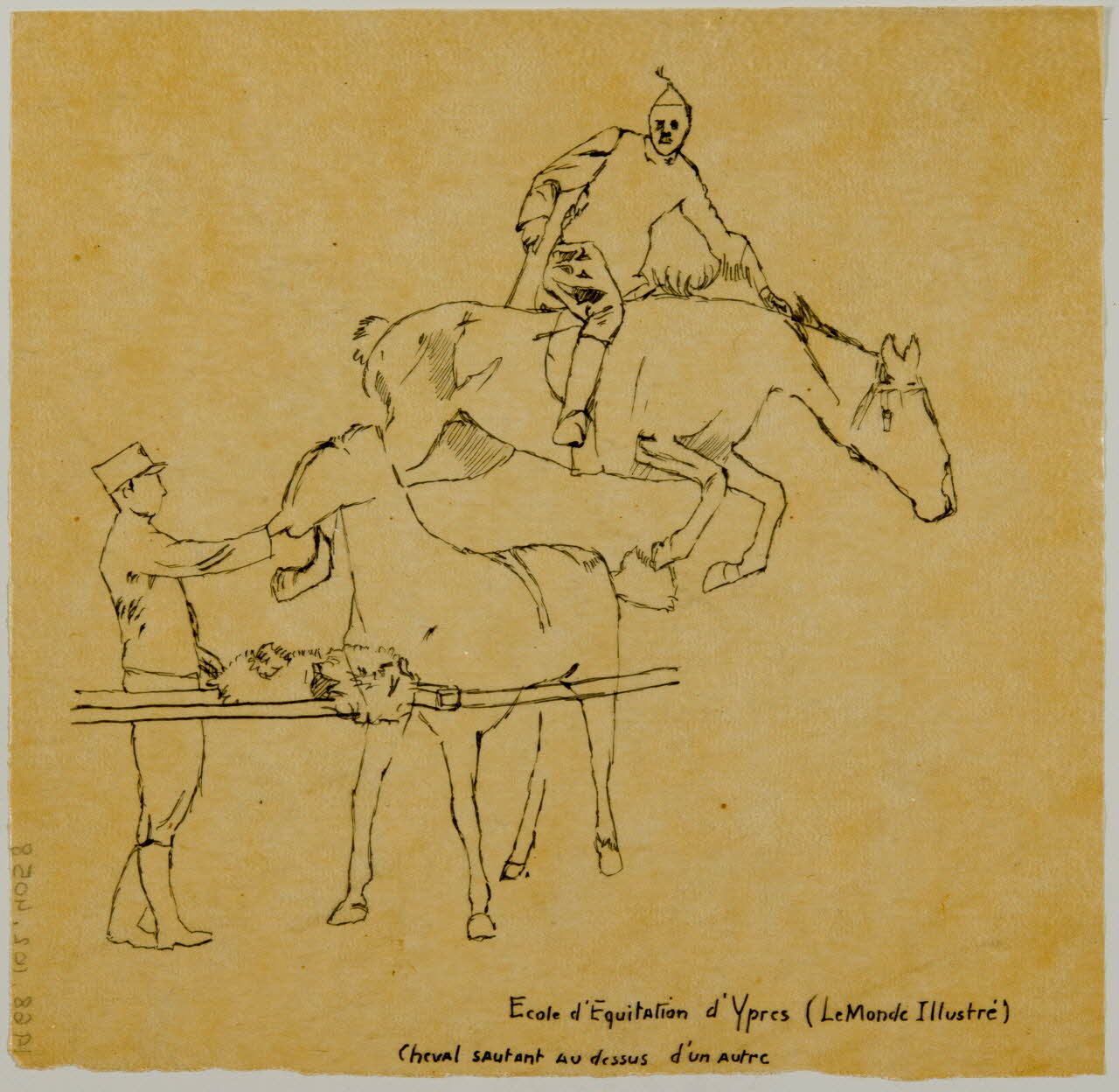 partie d'un ensemble de dessins Ecole d'Equitation d'Ypres (Le Monde Illustré)  Cheval sautant au dessus d'un autre 1968.102.4058 Photo Mucem