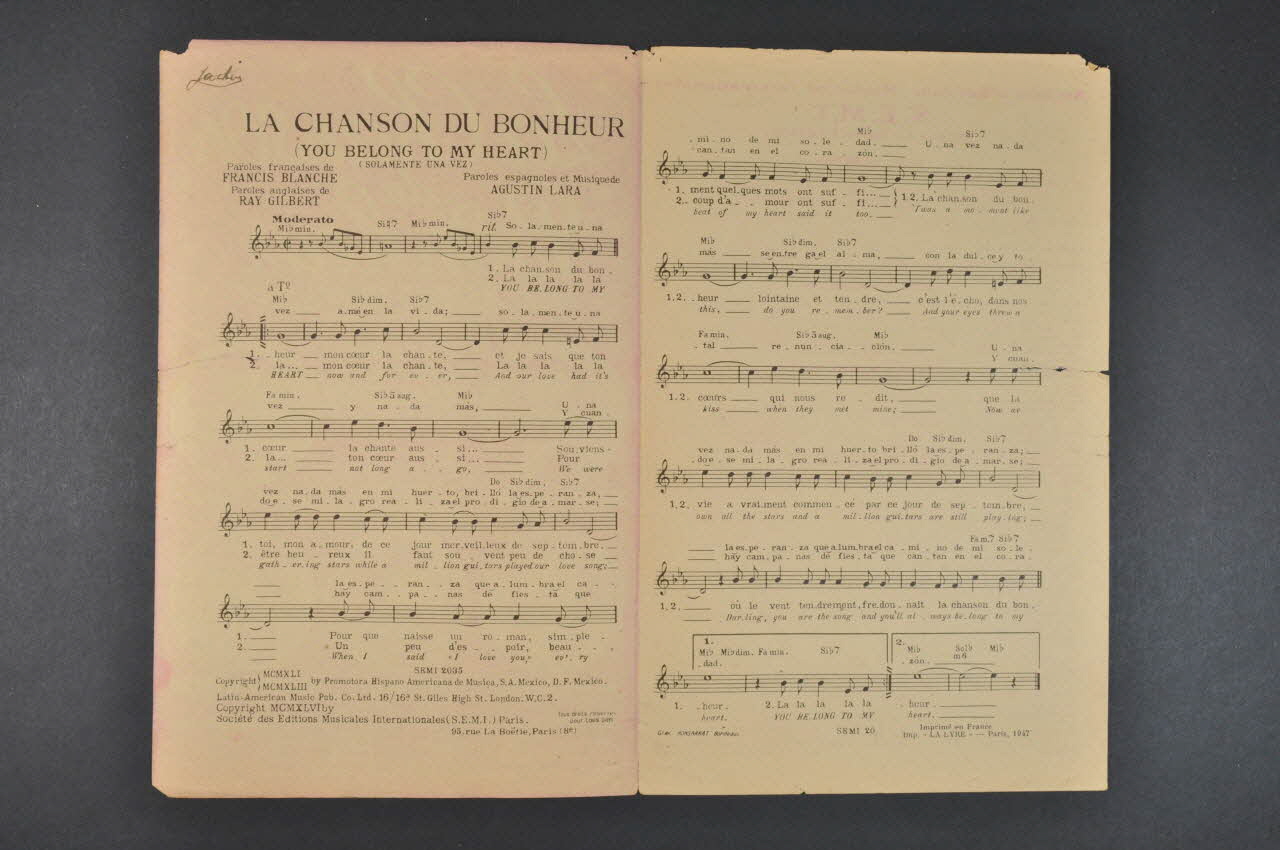 Agustin Lara ; Francis Blanche ; S.E.M.I; chanson petit format Île-de-France, France 1941 1965.159.43 Photo Mucem