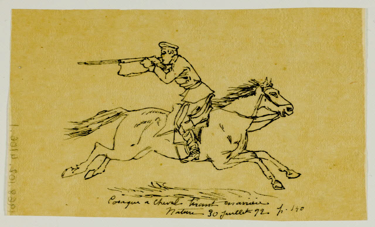 partie d'un ensemble de dessins Cosaque à cheval tirant en arrière 1968.102.4106.1 Photo Mucem