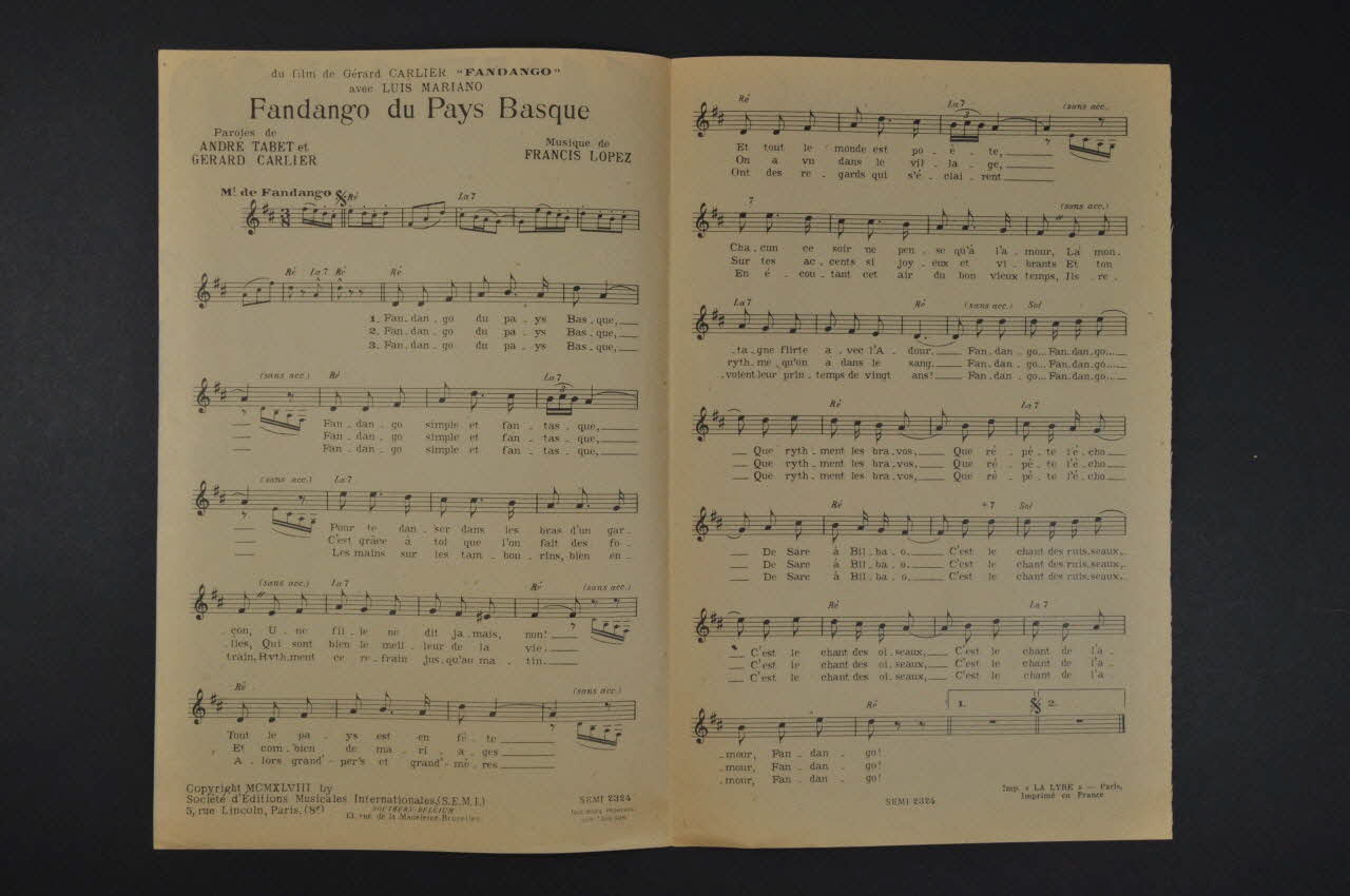 Gérard Carlier ; André Tabet ; Francis Lopez ; Luis Mariano ; S.E.M.I; chanson petit format Île-de-France, France 1948 1965.159.51 Photo Mucem