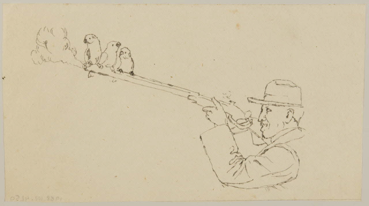 partie d'un ensemble de dessins Oiseaux perchés sur un fusil tenu par un homme 1968.102.4250 Photo Mucem