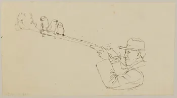 partie d'un ensemble de dessins Oiseaux perchés sur un fusil tenu par un homme 1968.102.4250 Photo Mucem
