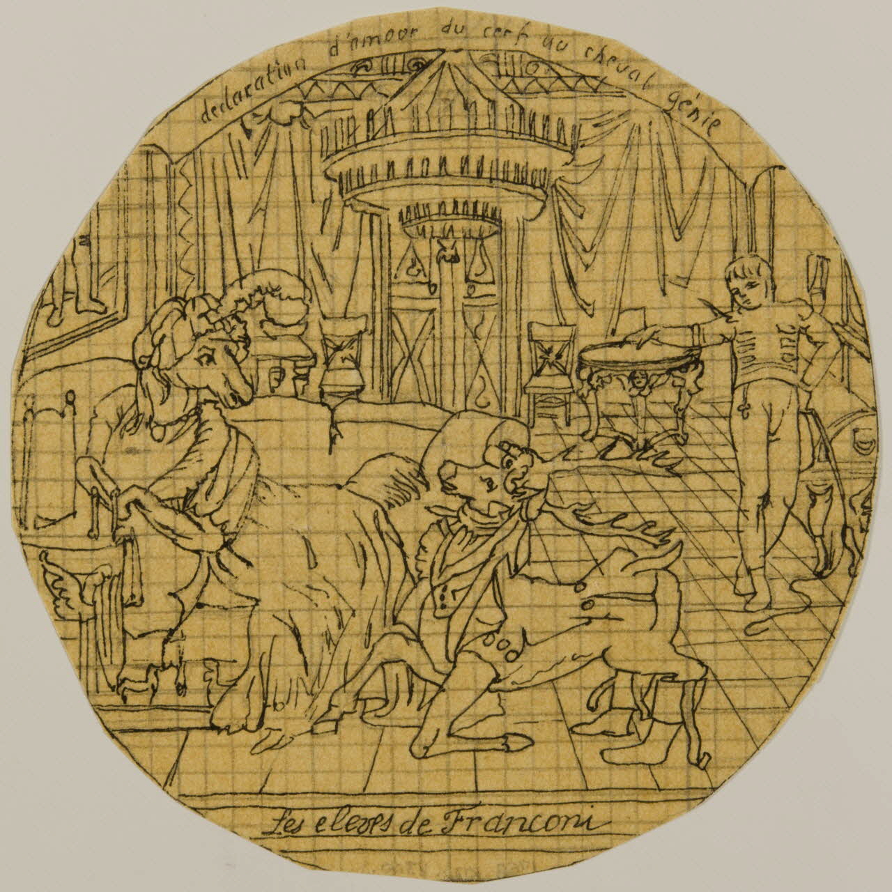 partie d'un ensemble de dessins Déclaration d'amour du cerf au cheval génie  Les élèves de Franconi 1968.102.4300.1 Photo Mucem