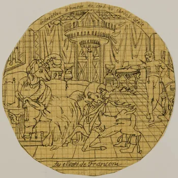 partie d'un ensemble de dessins Déclaration d'amour du cerf au cheval génie  Les élèves de Franconi 1968.102.4300.1 Photo Mucem