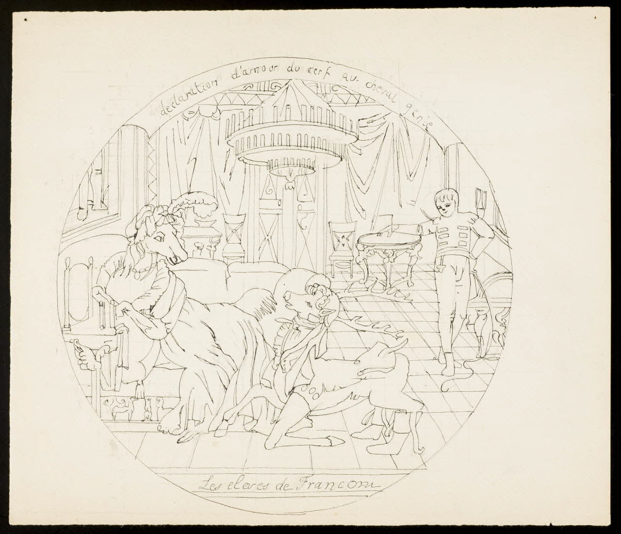 partie d'un ensemble de dessins Déclaration d'amour du cerf au cheval génie  Les élèves de Franconi 1968.102.4300.2 Photo Mucem