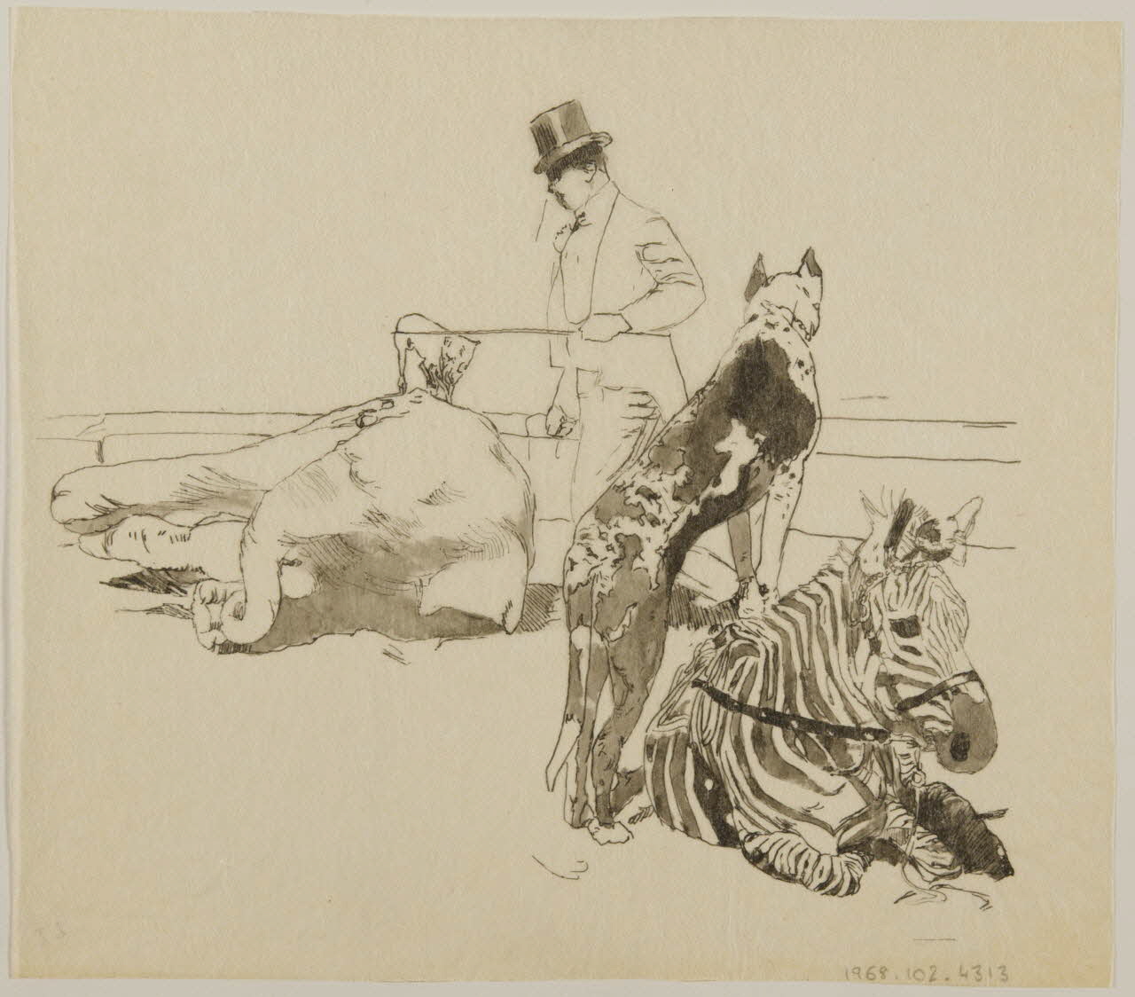 partie d'un ensemble de dessins Dompteur avec un éléphant, un chien et un zèbre 1968.102.4313 Photo Mucem