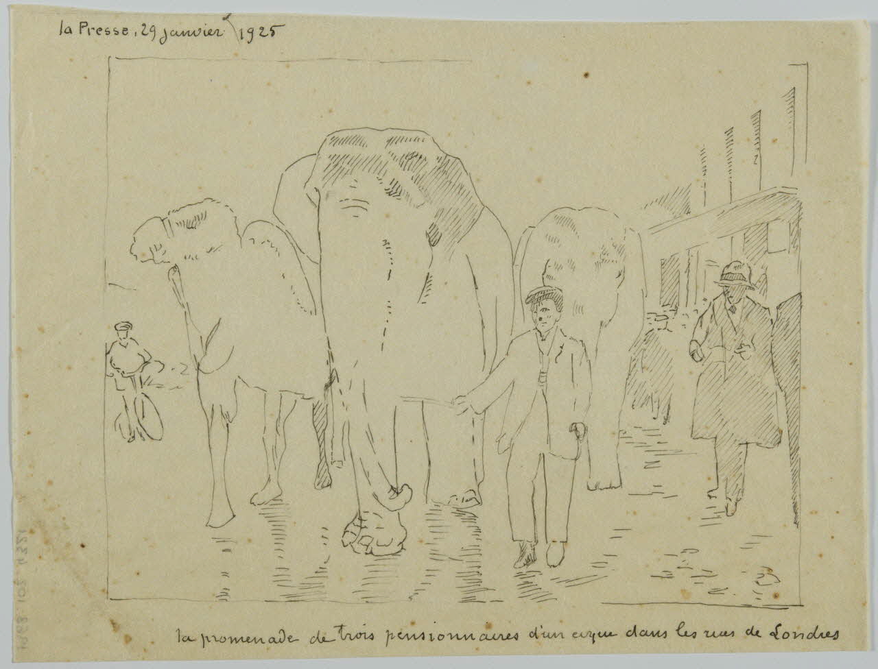 partie d'un ensemble de dessins La promenade de trois pensionnaires d'un cirque dans les rures de Londres 1968.102.4321 Photo Mucem