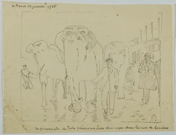 partie d'un ensemble de dessins La promenade de trois pensionnaires d'un cirque dans les rures de Londres 1968.102.4321  Photo Mucem