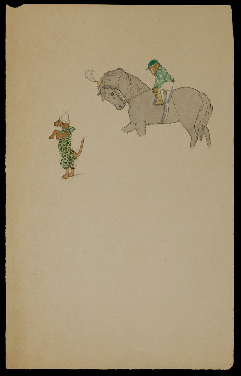 partie d'un ensemble de dessins Singe sur un cheval et chien déguisé 1968.102.4325 Photo Mucem