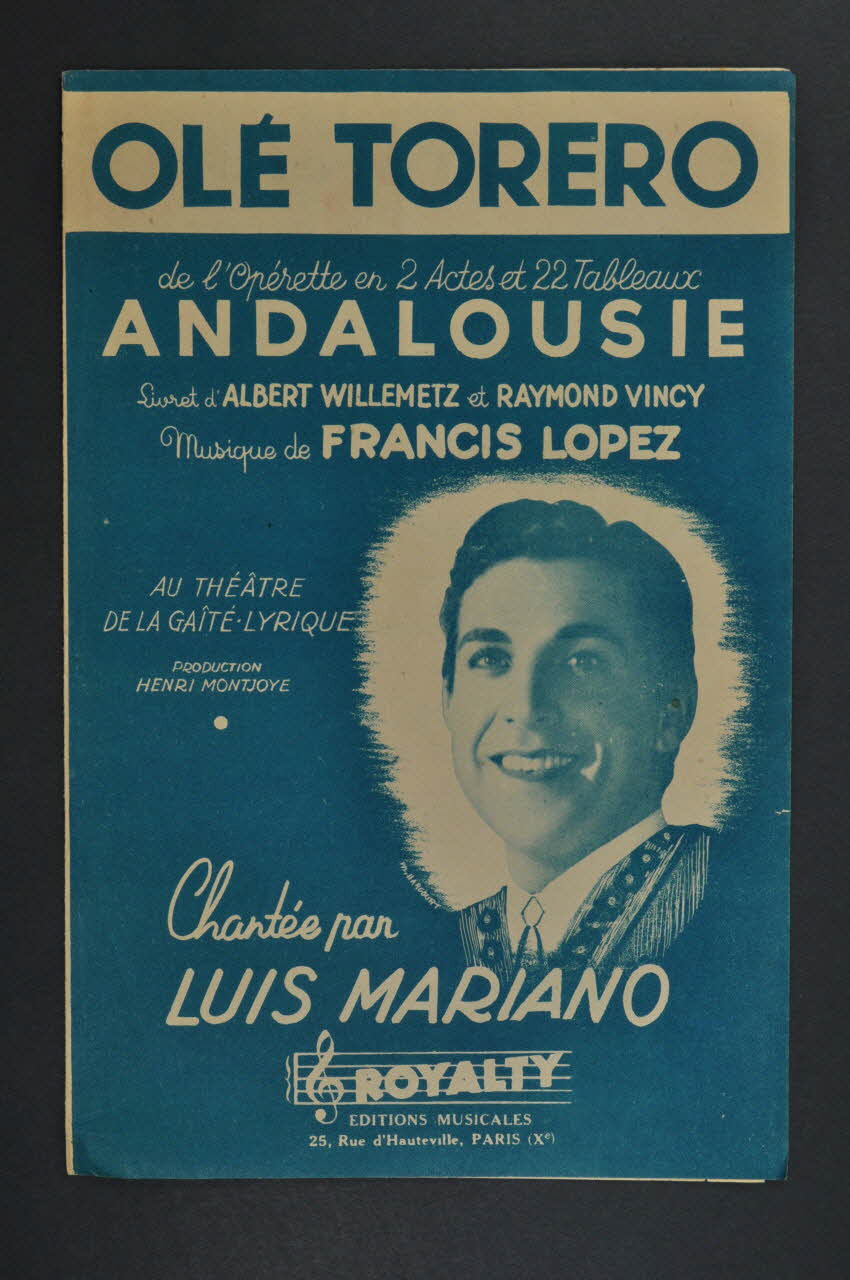 Raymond Vinci ; Albert Willemetz ; Francis Lopez ; Luis Mariano ; Royalty; chanson petit format Île-de-France, France 1947 1965.159.65 Photo Mucem