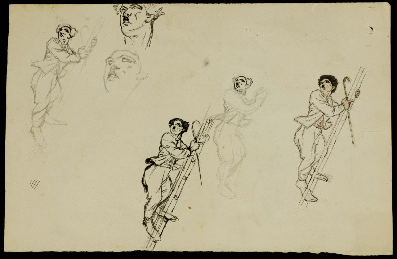 partie d'un ensemble de dessins Charlot grimpant à une échelle 1968.102.477 Photo Mucem