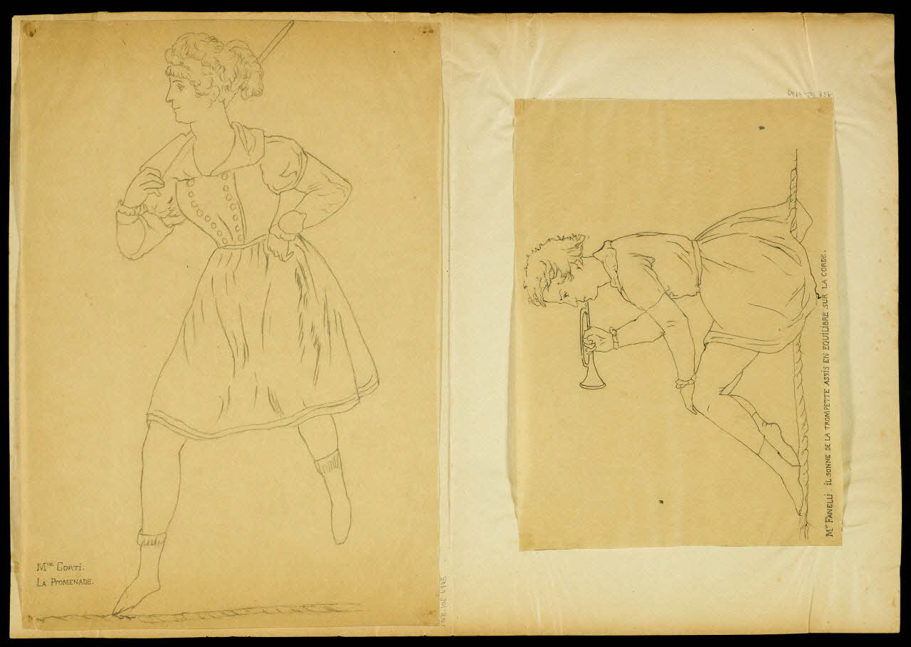 partie d'un ensemble de dessins Mr FANELLI. IL SONNE DE LA TROMPETTE ASSIS EN EQUILIBRE SUR LA CORDE. 1968.102.4940 Photo Mucem