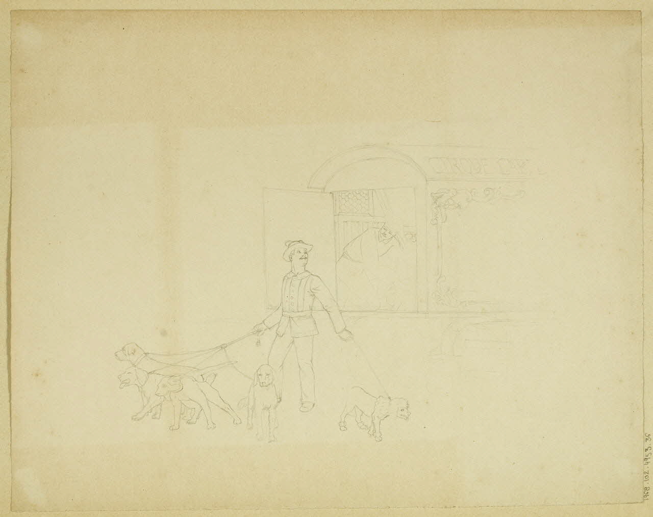 partie d'un ensemble de dessins Homme tenant des chiens en laisse 1968.102.4953.36 Photo Mucem