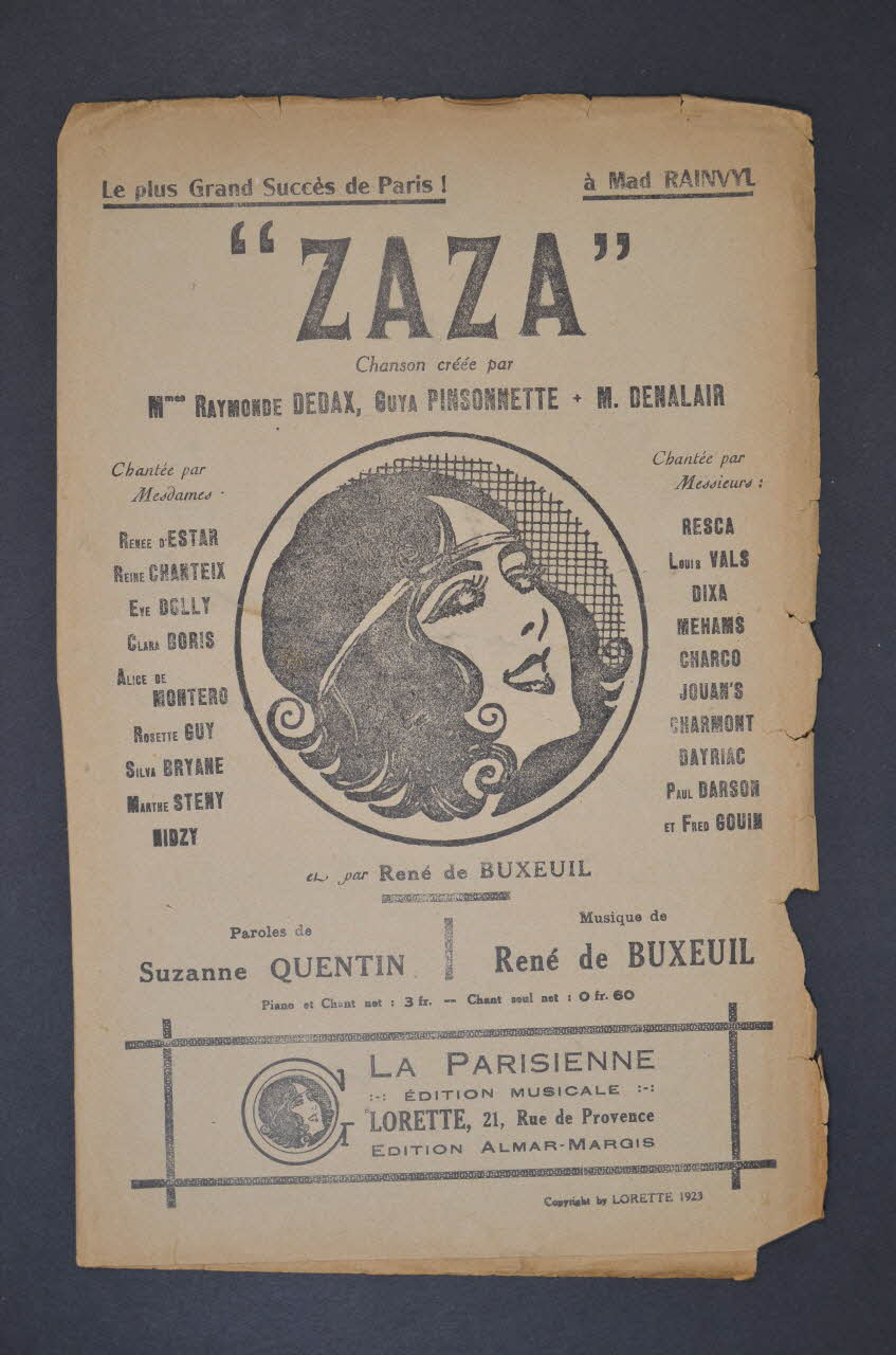 Suzanne Quentin ; René De Buxeuil ; Raymonde Dedax ; Guya Pinsonnette ; M. Denalair ; Editions Musicales chanson petit format Île-de-France, France 1923 1966.158.212 Photo Mucem