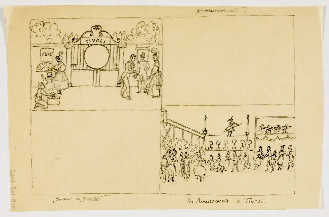 partie d'un ensemble de dessins Marionettiste  Joueur de gobelets  Les amusements de Tivoli 1968.102.5002 Photo Mucem